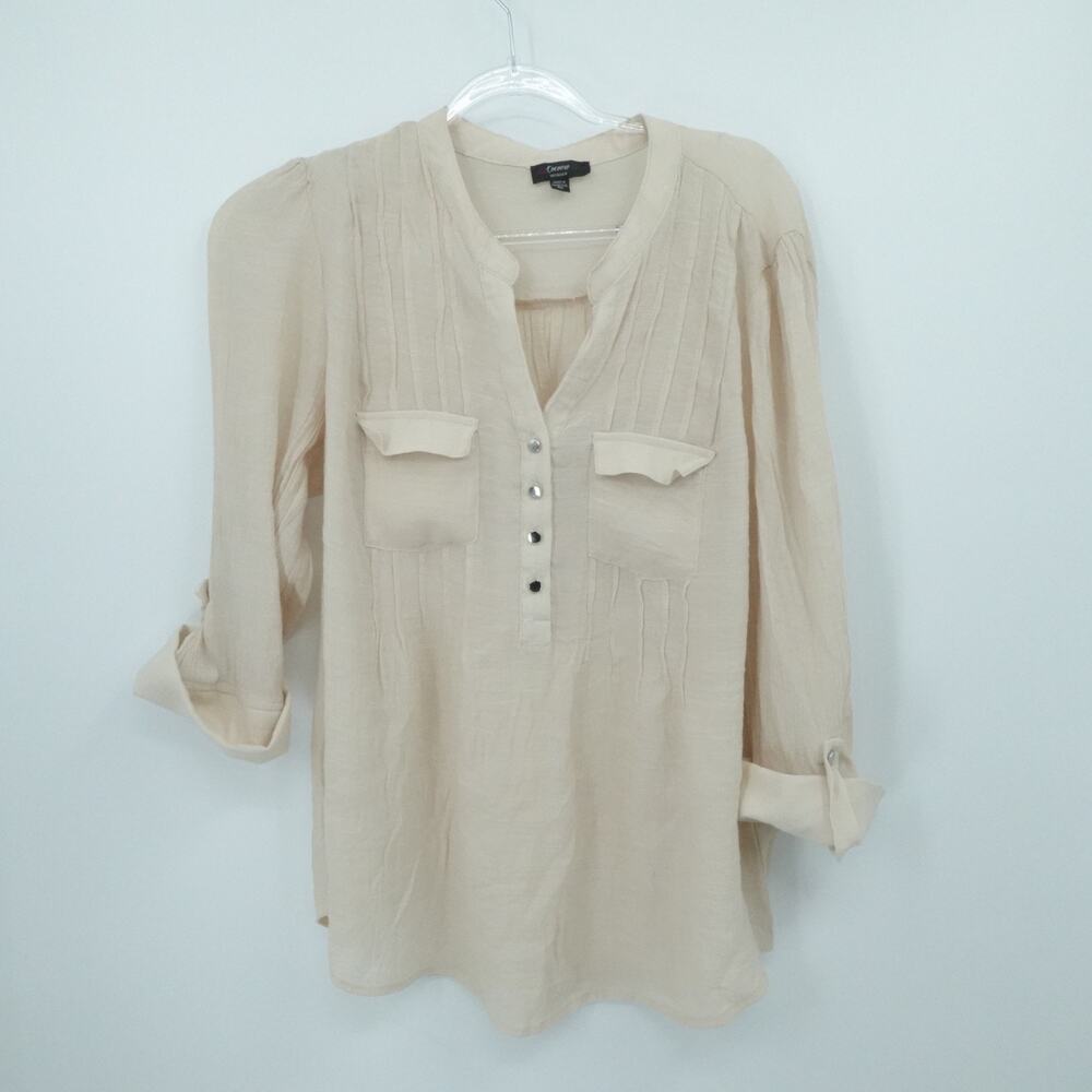 Cocomo Blouse Womens 3x‎ Beige Roll Sleeve Pleated Office Gauze Lightweight